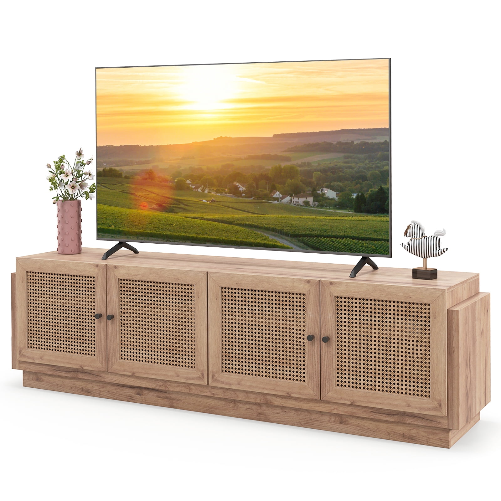 Costway Support de Téléviseur de Style Ferme pour Téléviseurs jusqu'à 75 po 2 Armoires et 8 Câbles Table de Console Média en PE Rattan