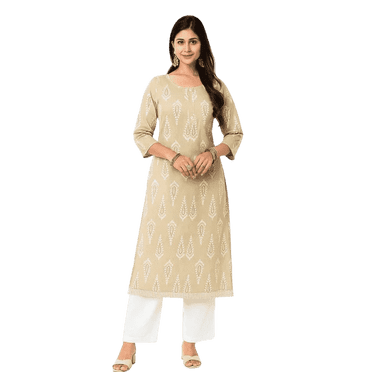 DWEEP SARA Women’s Beige Printed Rayon Straight Kurta | Soft Cotton Feel | Casual & Office Wear | M