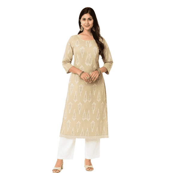 DWEEP SARA Women’s Beige Printed Rayon Straight Kurta | Soft Cotton Feel | Casual & Office Wear | L
