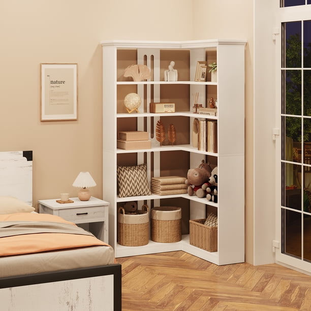 5-Tier L-Shaped Corner Bookshelf, 72.8in Tall Wooden Freestanding
