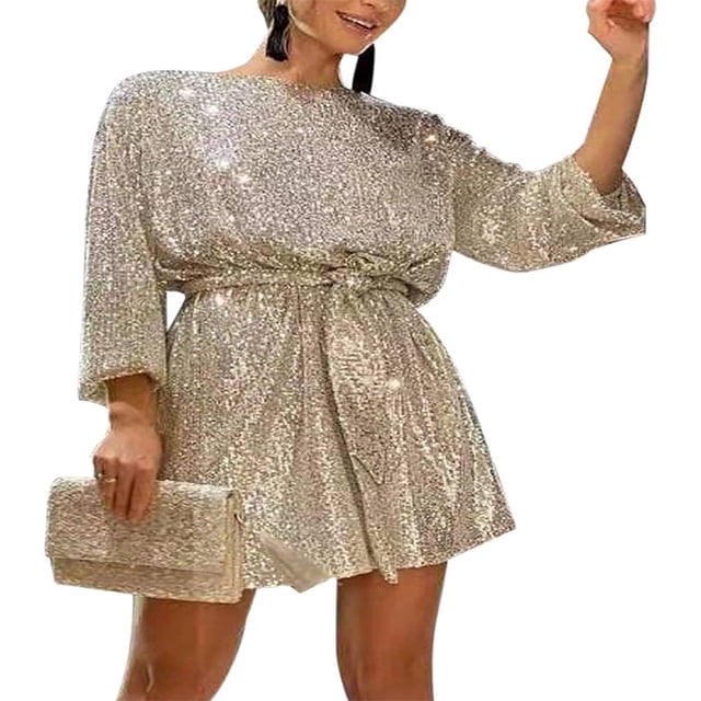 Robe de Soirée à Paillettes pour Femmes, Scintillante, Manches Longues, Col Ras du Cou, Courte, Robe de Cocktail