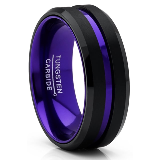 Men's Tungsten Carbide Ring Grooved Wedding Band Color Interior 8MM Blue Red Green Red