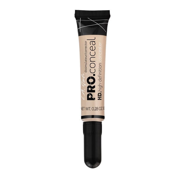 LA Girl HD Pro Concealer Fairest in a beige 0.28 oz tube with black screw cap, featuring black and white text and abstract line design, crease-resistant formula providing opaque coverage to conceal dark circles and even skin tone, ideal for precise face makeup application.