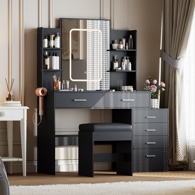 Makeup Vanity Desk with LED Mirror – 3-Color Lighted Makeup Table with 6 Drawers & 4 Open Shelves, Adjustable Lighting, Stool, and Built-In Charging Station