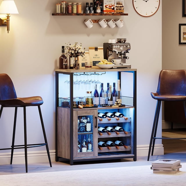 Ourlova 3-Tier Wine Bar Cabinet with LED Detachable Wine Rack and Storage Space Buffet Cabinet with Glass Holder and Mesh Door for Kitchen Living Room and Bar Grey