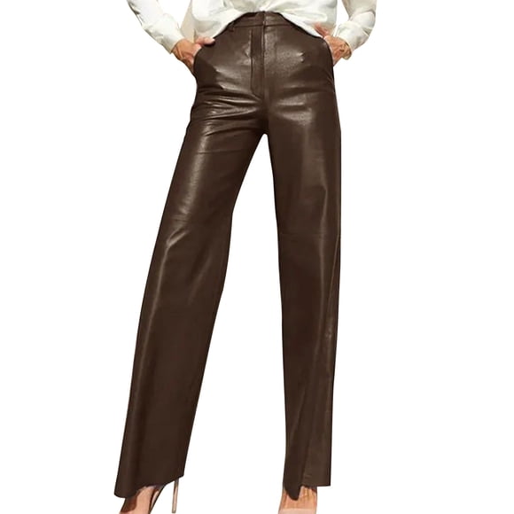 LLYwey Deals Clearance Womens Comfy Pants Ladies New Solid Color Versatile High Waisted Straight Leg Leather Pants with Casual Pockets Retro Leg Pants New Full Length Pants Regular Fitted Brown L
