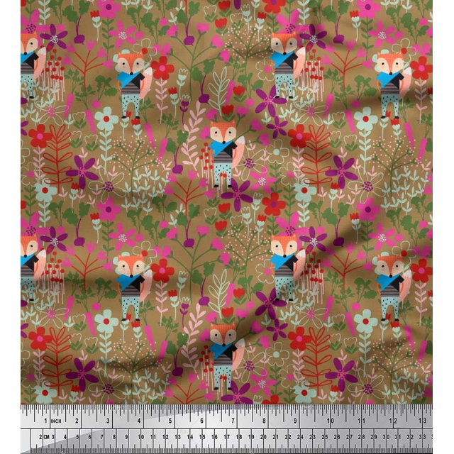 Soimoi Poly Georgette Fabric Fox,Leaves & Floral Clip Art Decor Fabric Printed Yard 42 Inch Wide