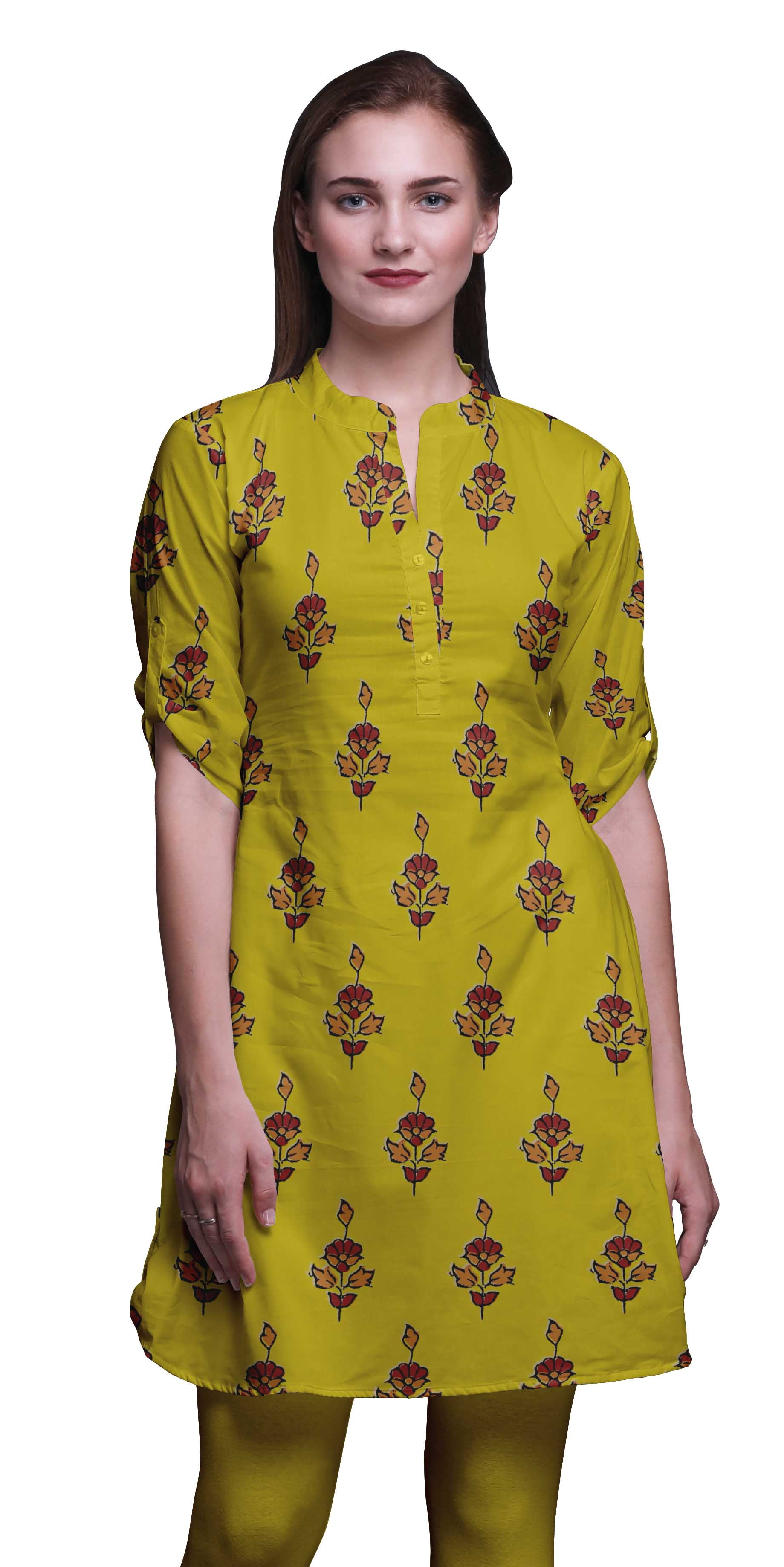 Bimba Roll Up Sleeve Kurti For Women Printed Mandarin Collar Short Kurti Tops