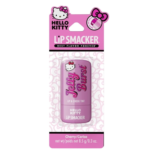 Hello Kitty Jelly Burst Lip & Cheek Tint in cherry flavor, a hydrating liquid blush stick with a bouncy jelly texture that glides on sheer, buildable color for lips and cheeks, featuring Hello Kitty branding on pink packaging.