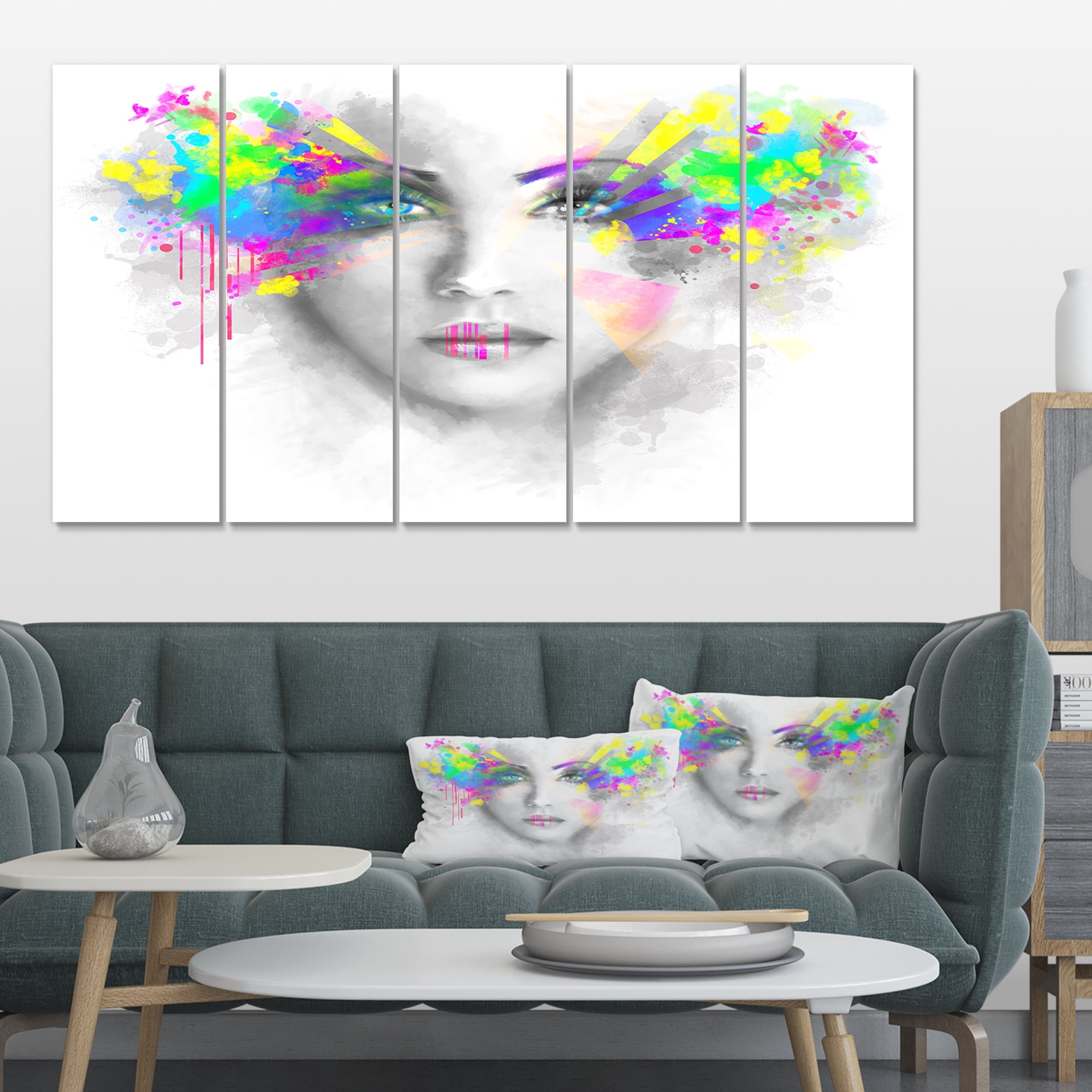 Design Art Gray Woman with Green Flowers Canvas Print