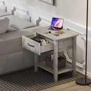GloryStar Wood Nightstand with Drawer, Narrow Bedside Table with Open Storage Shelf, Industrial Style End Table for Bedroom or Living Room