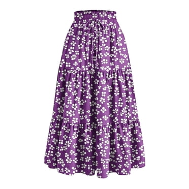 Amzcrzy Skirts for Women Casual Elastic Waist Drawstring Maxi Skirt Trendy Floral Print Long Skirts for Women Pleated Tiered Flowy Summer Skirts