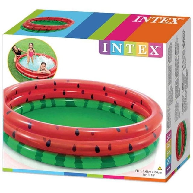 Piscine gonflable 66 pouces X 15 pouces Melon d'eau par La Boîte à Surprises de Nicolas. Piscine multicolore avec un design de pastèque, comprenant des parois rouges avec des motifs de graines noires et une base verte. Idéale pour les activités extérieures et les enfants, mesurant 66 pouces de diamètre et 15 pouces de hauteur.