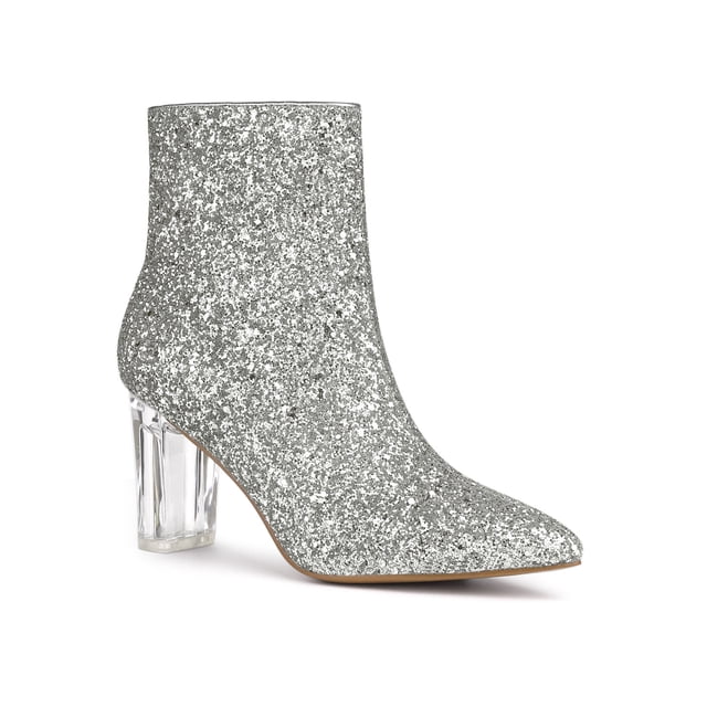 Unique Bargains Women's Clear Block Heel Glitter Ankle Booties