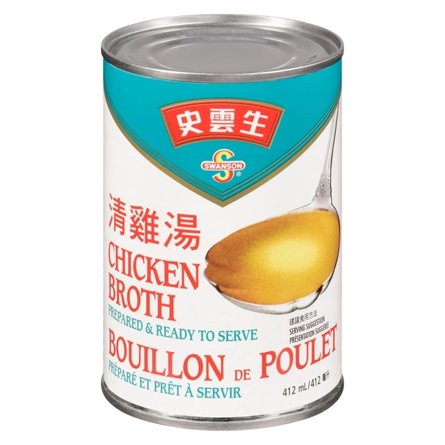 Campbell Swanson Chicken Broth can with a white and teal label featuring red and blue text in English, French, and Chinese, showing a spoonful of golden chicken broth, 412 ml volume, low fat and non BPA packaging, prepared and ready to serve.