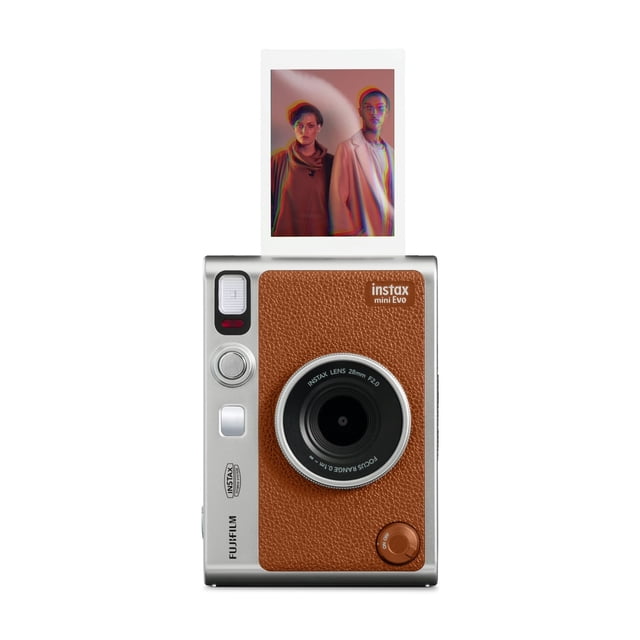 Fujifilm Instax mini Evo Hybrid Instant Camera in brown with textured leather-like front panel and silver metal body, featuring a 28mm f/2.0 lens and shown ejecting a credit card-sized instant photo, blending analog-style design with digital versatility for creative instant photography.