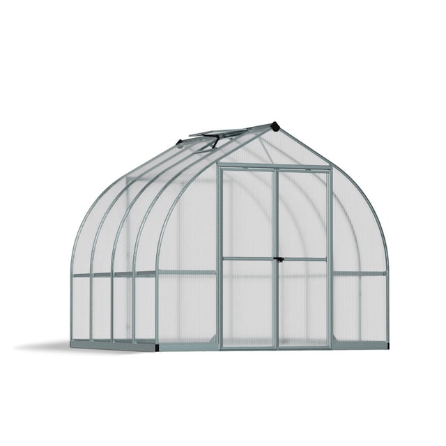 Canopia by Palram Bella 8 ft. x 8 ft. Greenhouse Kit - Silver with a bell-shaped rust-resistant aluminum frame, virtually unbreakable twin-wall polycarbonate panels, wide double doors, roof vent, and galvanized steel base, suitable for growing vegetables and herbs in a protected environment.