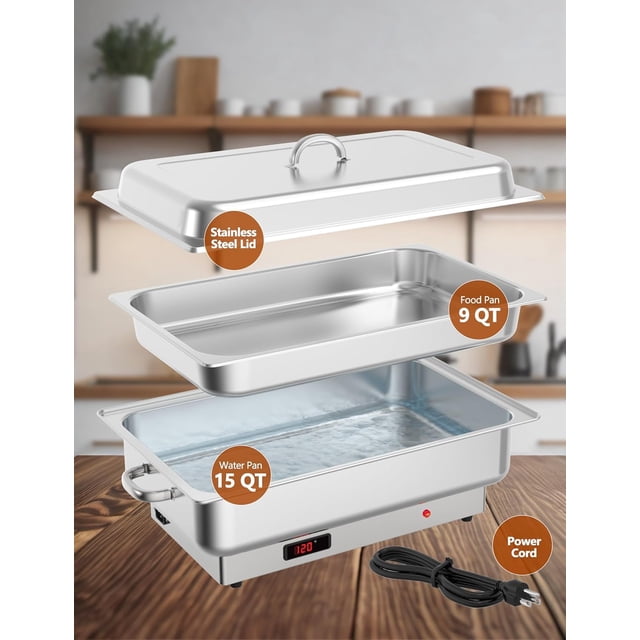 BeesClover Chafing Dishes 2 Pack Stainless Steel Commercial Catering 9QT Food Servers Warmers with Temperature Control Display for Buffet, Parties, Weddings