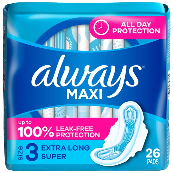 Always Maxi Feminine Pads with Wings for Women, Size 3, Extra Long Super Absorbency, Unscented