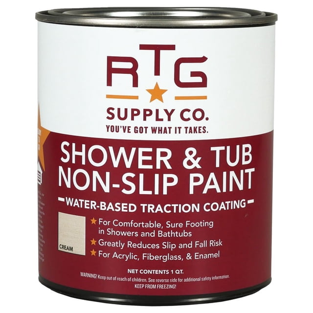 RTG Shower & Tub Non-Slip Paint in a quart-sized cream finish. The water-based traction coating is designed for acrylic, fiberglass, and enamel surfaces, providing a comfortable, non-abrasive texture that prevents slips and falls. The eco-friendly, low-VOC formula is fast-drying and easy to apply with a brush or roller, covering 80-100 sq ft per quart. Not suitable for porcelain, tile, or ceramic surfaces.