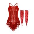 thumbnail image 3 of RUNQHUI Robe de Danse à Paillettes Brillantes à Franges pour Femmes Costume de Danse Latine Jazz Justaucorps à Franges et Gants Rouge TTG, 3 of 7