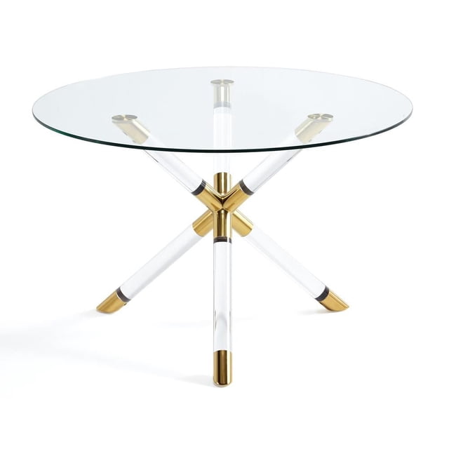 Home Gear Acrylic and Gold Stainless steel 47” Round Dining Table with a clear glass top supported by four clear acrylic legs intersecting at a polished gold stainless steel center, each leg capped with polished gold stainless steel, suitable for contemporary kitchen and dining areas.