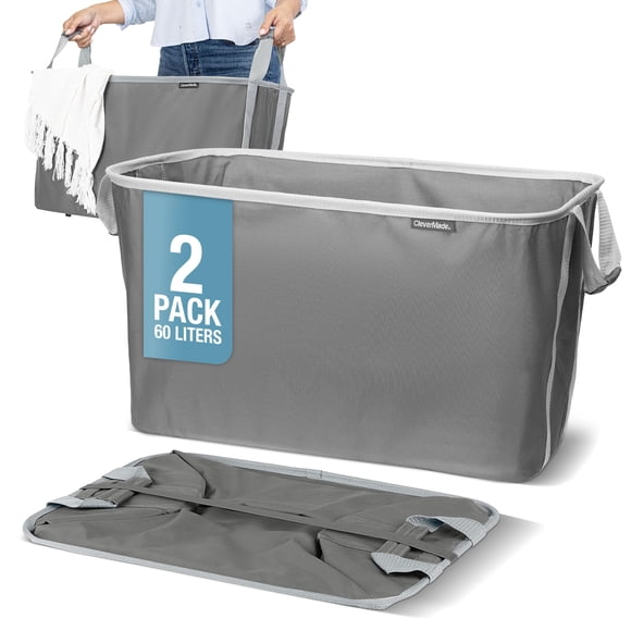 CleverMade Collapsible Laundry Basket 2 Pack – 60L (16 Gal) Foldable Clothes Hamper with Reinforced Handles, Space Saving Fabric Laundry Bin, Holds 55 lbs, Flat Folding