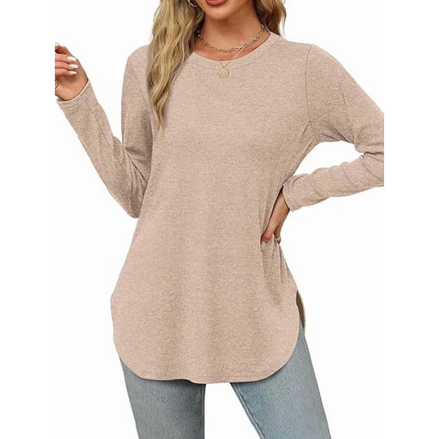 Haut Tunique Ample Basique à Manches Longues et Col Rond pour Femme, Décontracté, Abricot G