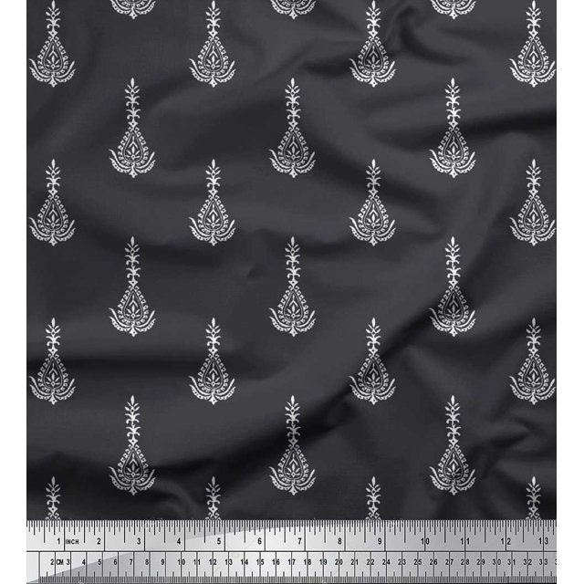 Soimoi Poly Georgette Fabric Leaves & Floral Block Printed Craft Fabric by The Yard 42 Inch Wide