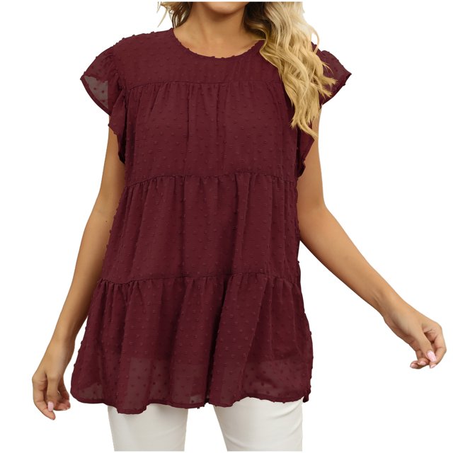 Timegard Hauts pour Femmes Manches Courtes en Chiffon Blouse Ample Légère Col Rond Été Plage Vacances Hauts