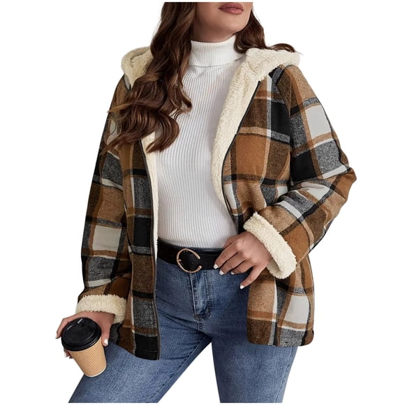 Women's Plaid Sherpa Jacket, Oversized Hooded Fleece Coat, Long Sleeve Zip Up Casual Outerwear with Pockets