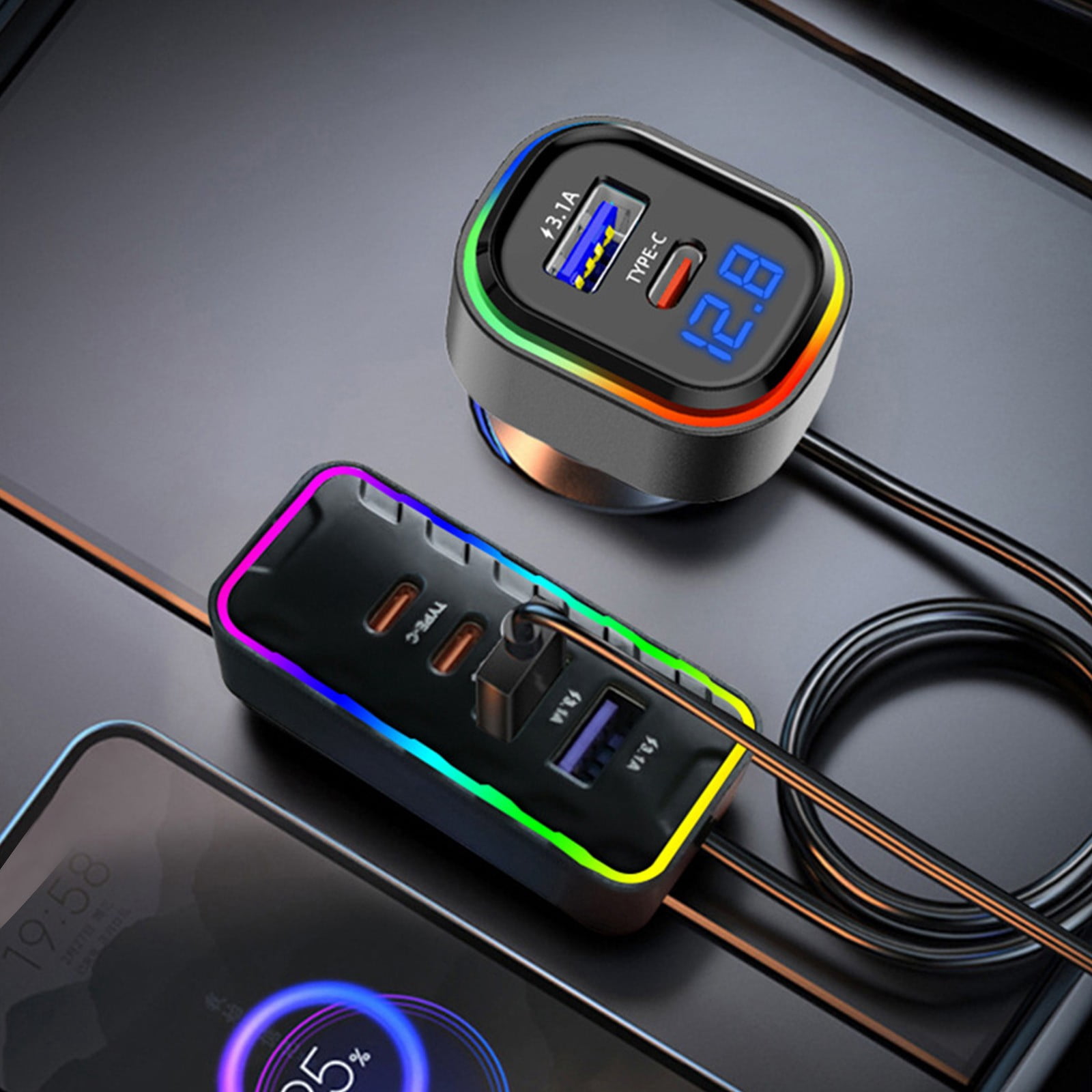 ZZkhGO Car Phone Charger, Multi-interface 3.1A Voltage Display, Fast Charging Adapter for Vehicles