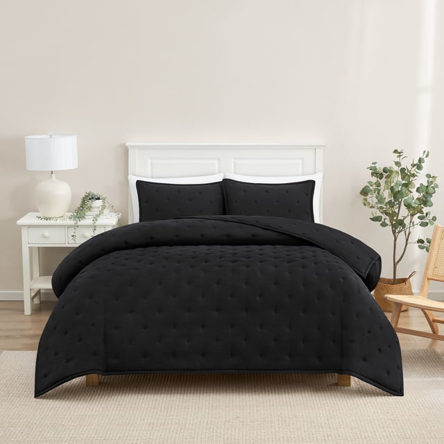 Mainstays Queen Comforter Set, Soft Lightweight & All Season, 3-Piece, Black