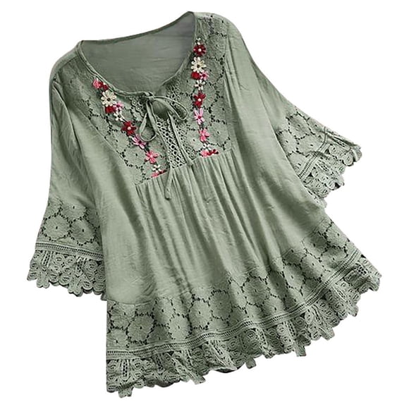 Clearance-Sale Fall Clothes 2023 Women Vintage Lace Patchwork Bow V-Neck Three Quarter Blouses T-Shirt(Green,3XL)