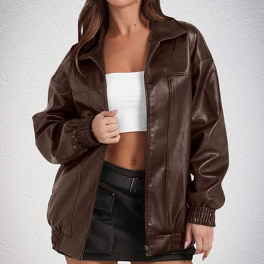 EGNMCR Manteau et Vestes en Similicuir Sans Capuche à Manches Longues pour Femmes, Uni, Col Rabattable, Automne et Hiver, Veste en Cuir Mode à Manches Longues, Manteau Femme, Hauts en Polyester
