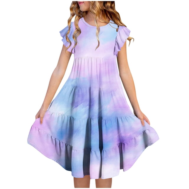 yoeyez Robes pour Enfants Filles 4-16 Fête Enfants Manches Volantées Robe Maxi à Volants Imprimé Dégradé Col Ras du Cou Robes Soleil Robe de Fête d'Anniversaire pour Enfant Violet,12 Ans