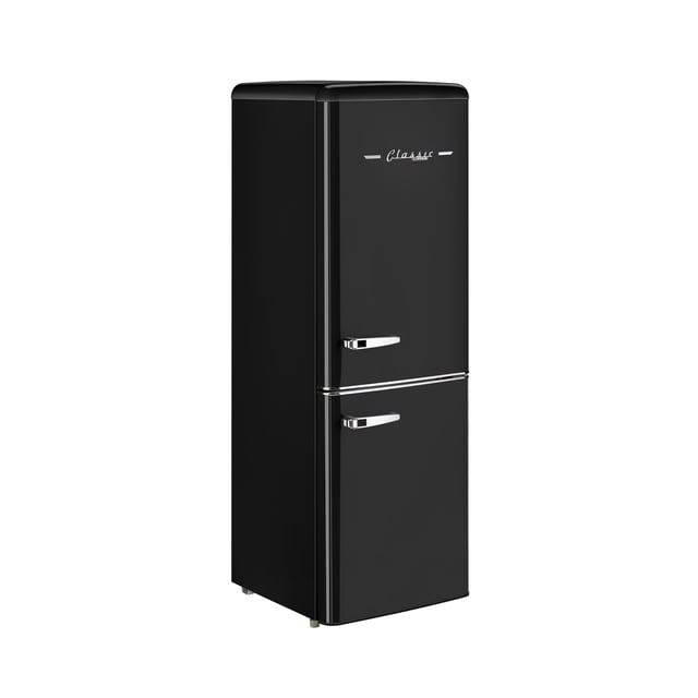 Unique Classic Retro 7 CU. FT. Electric Bottom Freezer Refrigerator with Wine Rack in Midnight Black. This compact 7 cu. ft. refrigerator features a stylish retro design with a bottom-mount freezer for modern convenience. It includes an adjustable wine rack, ENERGY STAR certification, and an adjustable thermostat. The refrigerator has 3 full-width adjustable door shelves, 4 adjustable glass shelves, and heavy-duty cast zinc handles with a chrome finish. The freezer section offers 3 spacious storage drawers. Its narrow 21.6-inch width makes it suitable for various spaces.