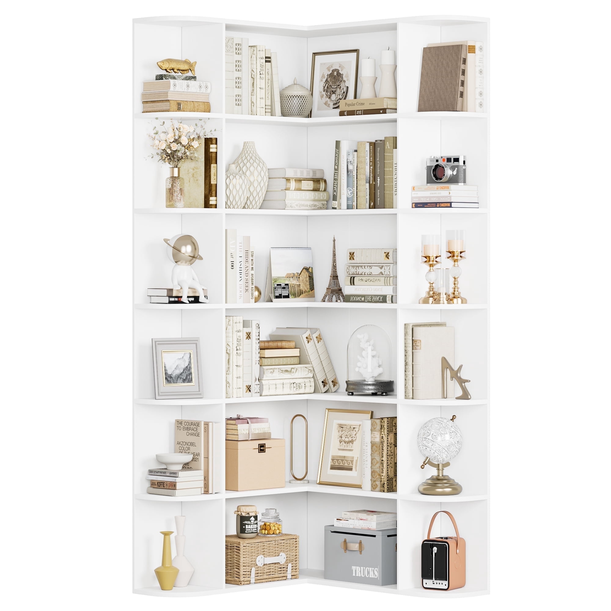 Homfa 73.9” Tall Corner Bookcase, 6 Tier L-Shaped Large Display Bookshelf with Curved Edges for Living Room Home Office Study, White