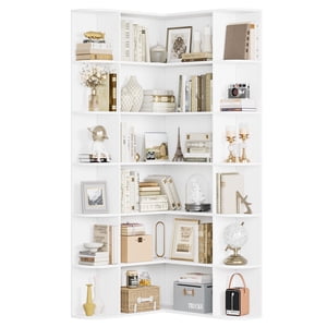 Homfa 73.9” Bibliothèque Tall Corner 6 Tier L-Shaped Grand écran bibliothèque avec les bords courbes pour l'étude de bureau maison salon, blanc