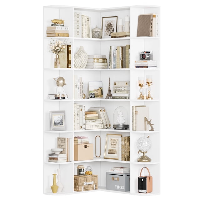Homfa 73.9” Tall Corner Bookcase, 6 Tier L-Shaped Large Display Bookshelf with Curved Edges for Living Room Home Office Study, White