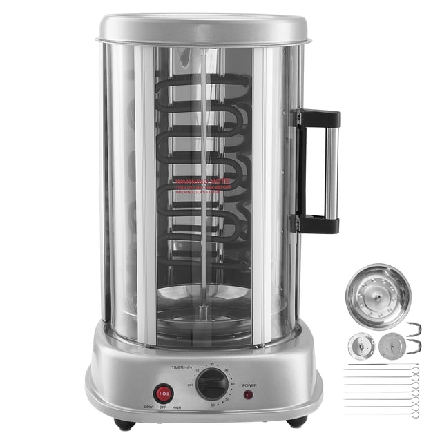KFFKFF Rotisserie Grill, an upright chicken shawarma cooking device with a sleek curved glass door and stainless steel construction. This electrically powered broiler features a 360° rotating function for even cooking and a timer knob for precise control. Includes accessories like a roast chicken rod, chicken forks, drip tray, and skewer kit. Ideal for preparing shawarma, gyro, doner kebab, and other grilled meats.