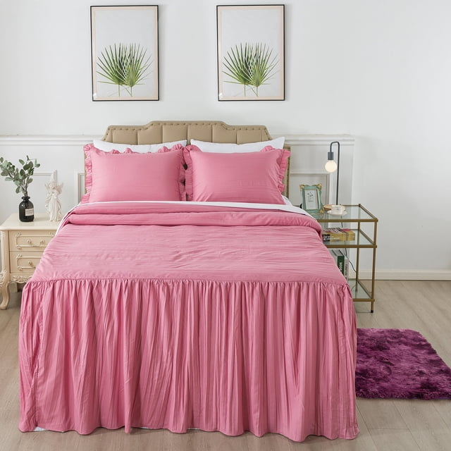 JML Ruffle Skirt Bedspread Set - 4 Piece, Soft Quilt Set with Shams and Area Rugs,Full,Woodrose