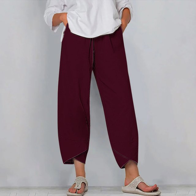 RXIRUCGD Women's Summer Comfortable Loose Wide Legged Fashion Solid Color Capris, Wine, Size: L