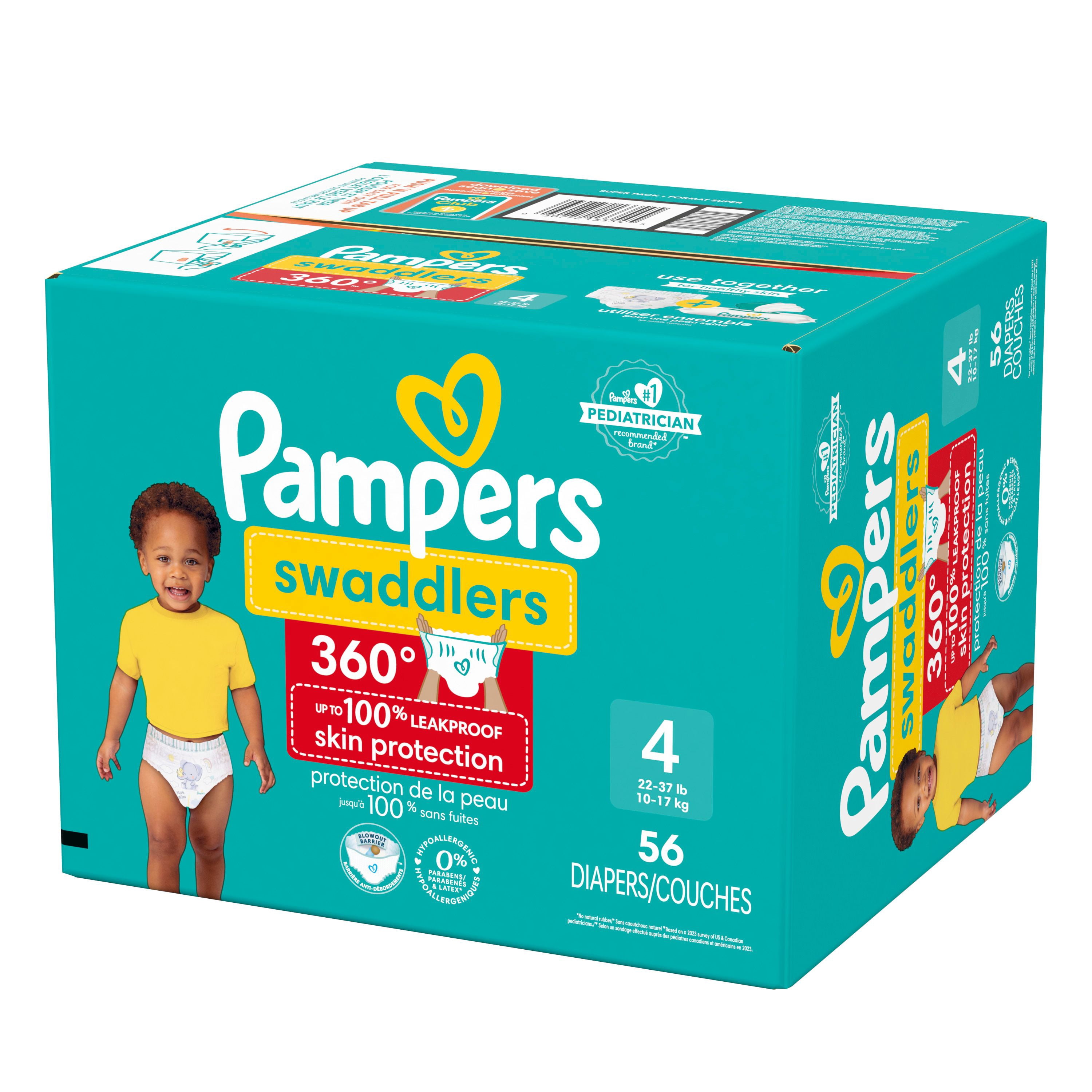 Pampers Couches - Swaddlers 360° - Taille 4, jusqu'à 100 % Anti-Fuites, Coupe Confortable et Sèche, Languettes Faciles à Enlever pour un Change Facile, Couche à Enfiler