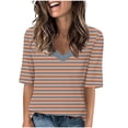 thumbnail image 1 of Penkiiy T-Shirts à Manches Courtes à Blocs de Couleur Rayés pour Femmes, Col Rond, Décontractés, Amples, Chandails à Enfiler, Hauts d'Été, Tee-Shirt 2TG Beige, 1 of 5