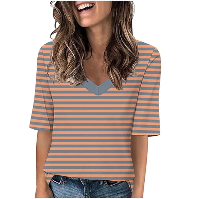 Penkiiy T-Shirts à Manches Courtes à Blocs de Couleur Rayés pour Femmes, Col Rond, Décontractés, Amples, Chandails à Enfiler, Hauts d'Été, Tee-Shirt 2TG Beige
