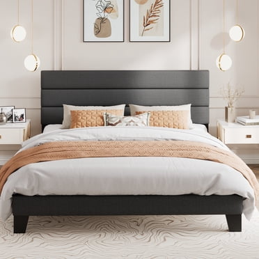 Amolife King Bed Frame, Platform Bed Frame with Fabric Upholstered Headboard, Dark Grey