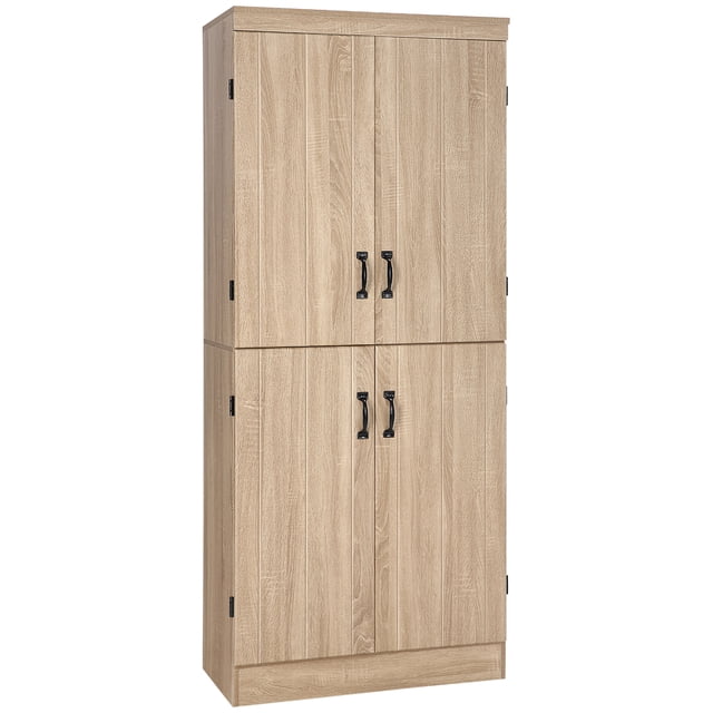 HOMCOM Armoire de Rangement pour Garde-Manger de Cuisine, Garde-Manger à 6 Niveaux avec 4 Portes en Fini Bois Naturel. l'Armoire Présente Deux Compartiments à Double Porte avec six Tablettes, Incluant Deux Tablettes Ajustables pour un Rangement Polyvalent. Fabriquée en MDF avec une surface en Mélamine pour un Nettoyage Facile, Elle Comprend des Poignées en Métal pour un Accès Facile et des Fixations Murales Anti-Basculement pour la Sécurité. les Dimensions Sont de 30 Pouces de long, 15,75 Pouces de Large et 69,5 Pouces de Haut, Convient aux Cuisines,