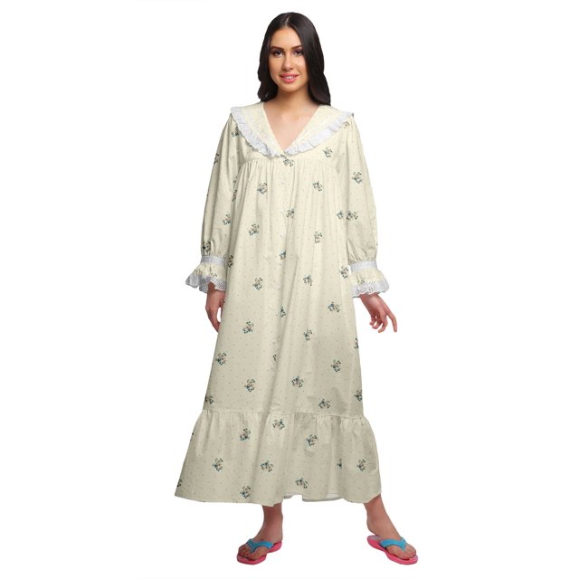 Moomaya Chemise de Nuit Maxi Boutonnée à Manches Longues Imprimée en Coton pour Femmes