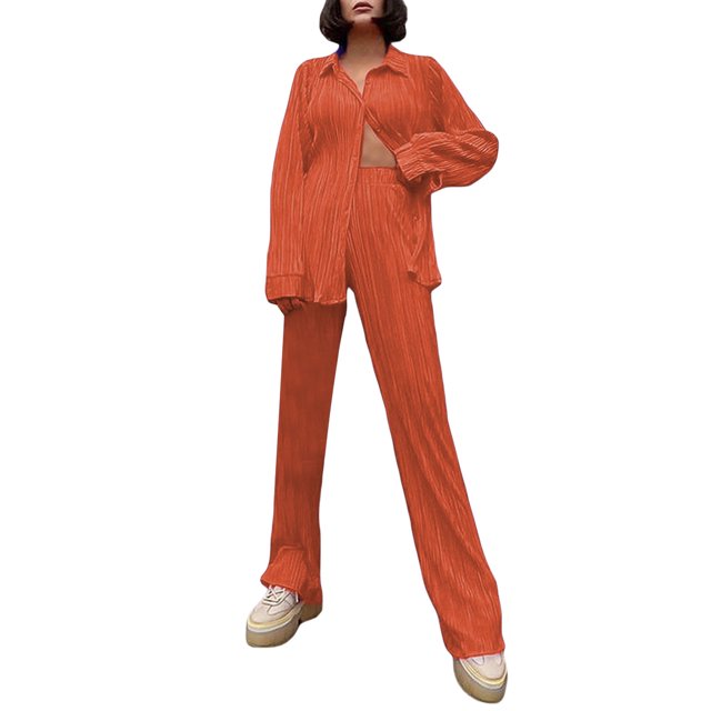 Faithtur Nouvelle Mode Femmes Ensemble Décontracté 2 Pcs Chemise Plissée à Manches Longues + Pantalon